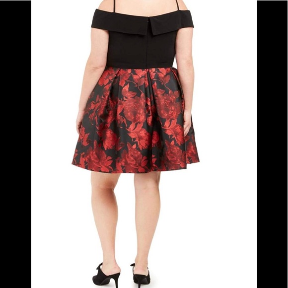 Morgan & Co Off Shoulder Black/Red Floral Dress - Picture 2 of 6